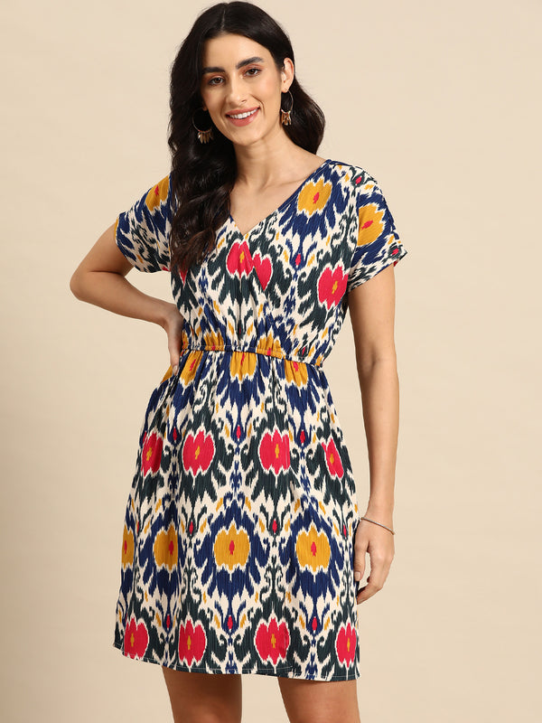 Overlap printed kimono sleeve short dress in Blue and Pink Ikkat Print