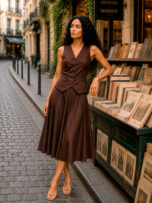 Waist Coat with flare Skirt in Brown