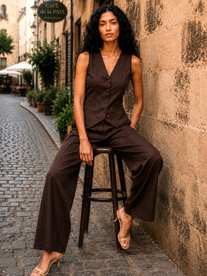 Waist Coat with wide pants in Brown