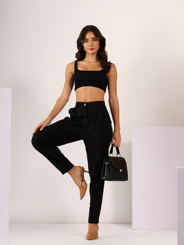 Tapered Pleated Stretchable COTTON LYCRA Trouser in Black