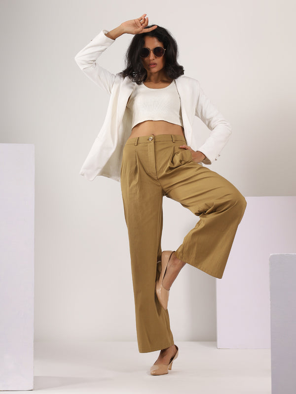 Wide Legged Stretchable COTTON LYCRA Trouser in Tan