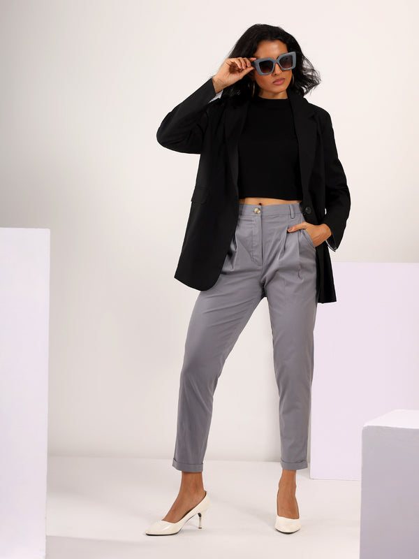 Tapered Pleated Stretchable COTTON LYCRA Trouser in Grey