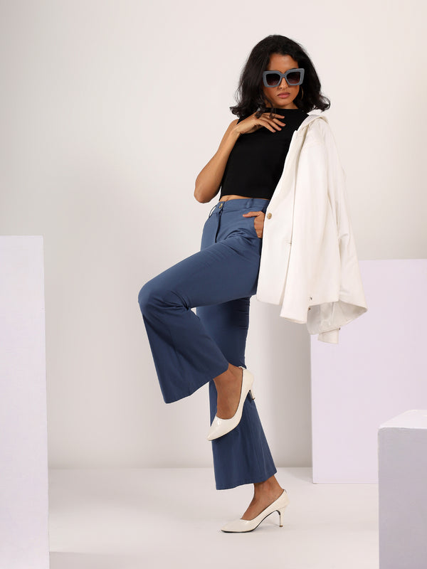 Bootcut Stretchable COTTON LYCRA Trouser in Denim Blue