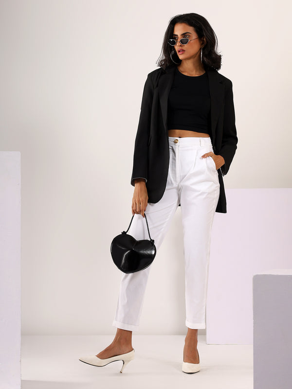 Tapered Pleated Stretchable COTTON LYCRA Trouser in White