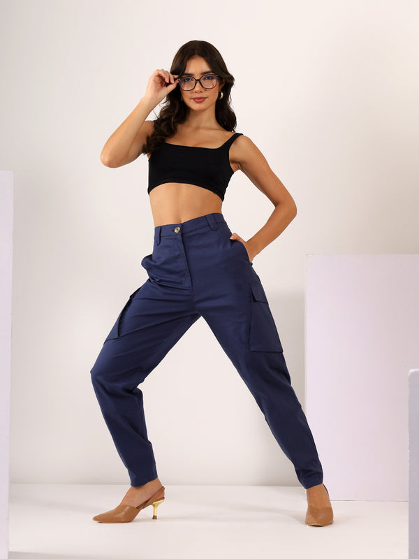 Tapered Cargo Stretchable COTTON LYCRA Trouser in Navy