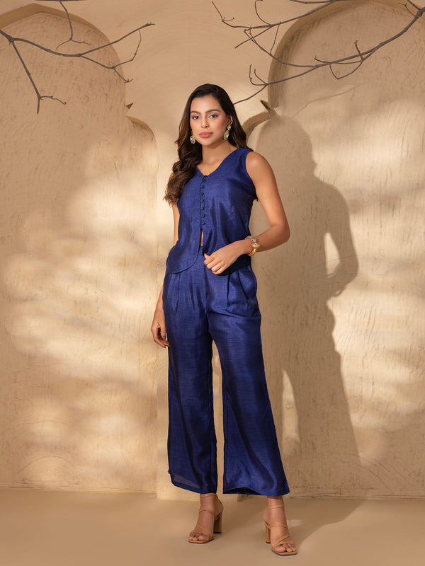 Rounded waist coat and Flare Pants in Navy Blue Silk