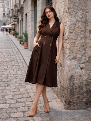 Pure Cotton Double Breasted Shirt Dress in Brown