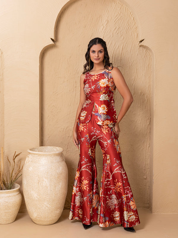 Peplum Sleeveless top with Kalidar Pants in Rust Floral Print