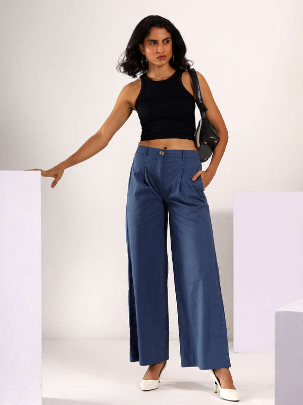 Wide Legged Stretchable COTTON LYCRA Trouser in Denim Blue