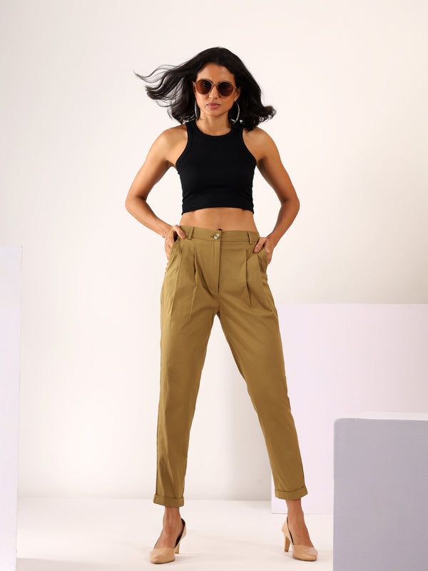 Tapered Pleated Stretchable COTTON LYCRA Trouser in Tan