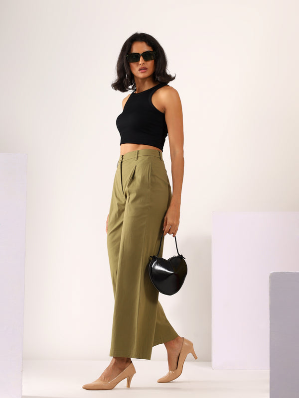 Wide Legged Stretchable COTTON LYCRA Trouser in Khaki Green