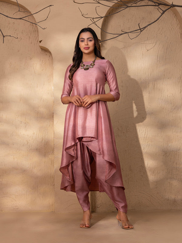 High Low Flare Kurta with Dhoti Salwar in Pink Silk