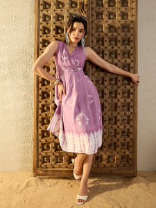Over lap neck Midi Dress in Lavender Tie & Dye