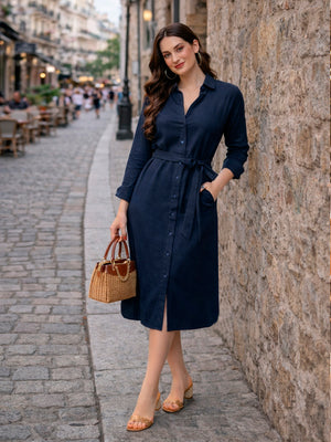 Pure Cotton Straight Midi Shirt Dress in Blue