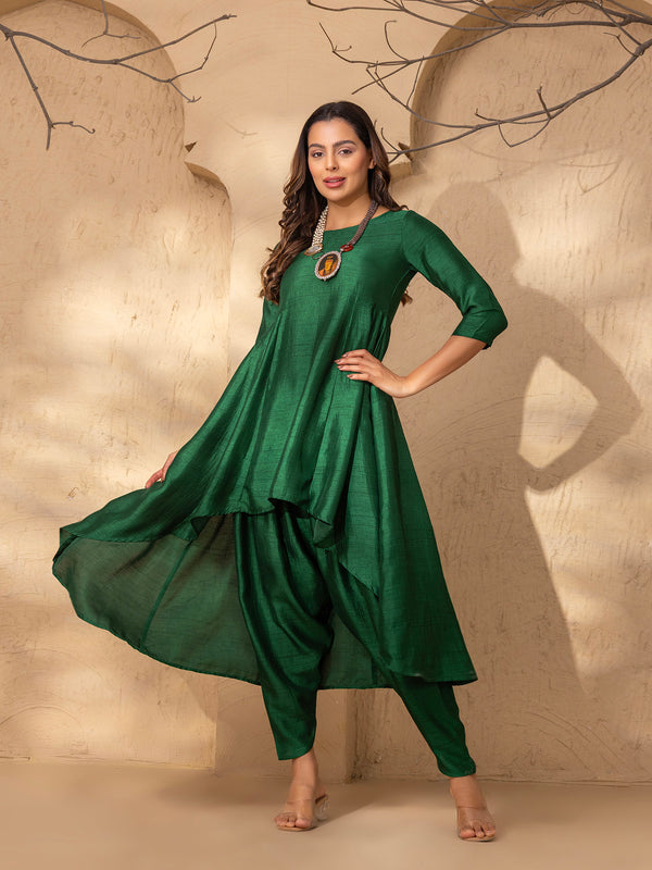 High Low Flare Kurta with Dhoti Salwar in Green Silk