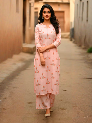 Straight kurta with Palazzo in block buti with lines print