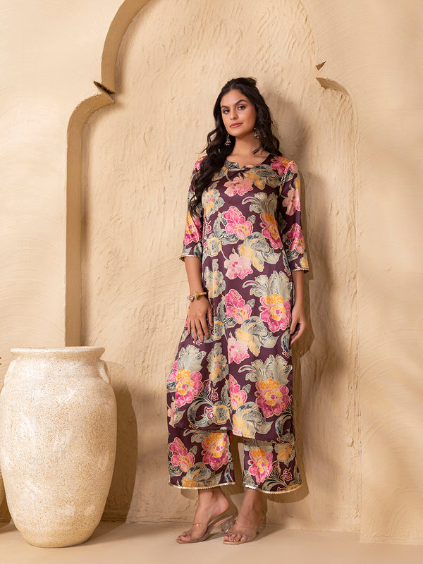 Staright Kurta with ankle palazzo in Purple vintage floral Print