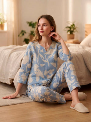 Kurta pyjama Nightsuit set in Big Blue Two color floral print