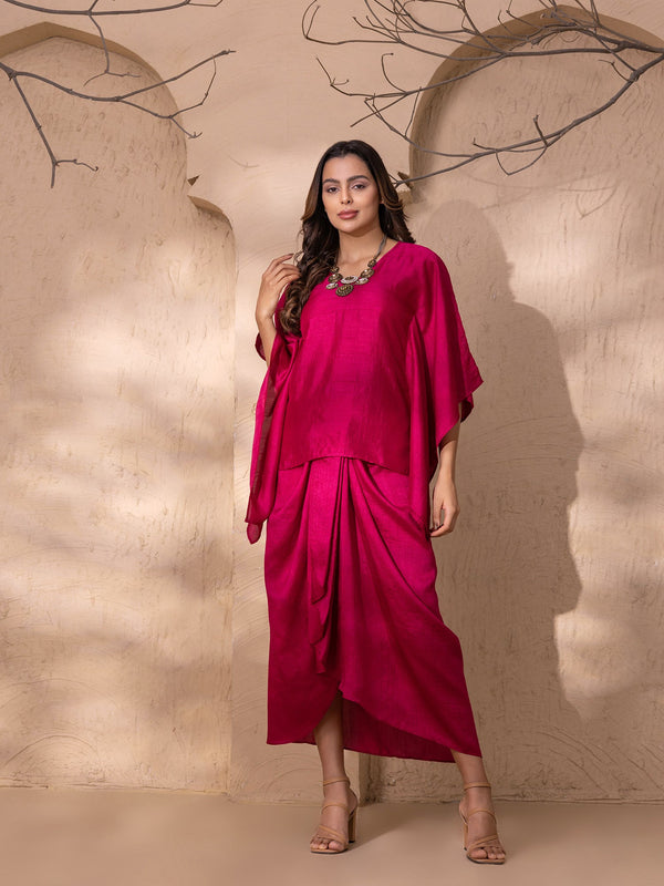 Kaftan with Dhoti Skirt in Fuchsia Silk