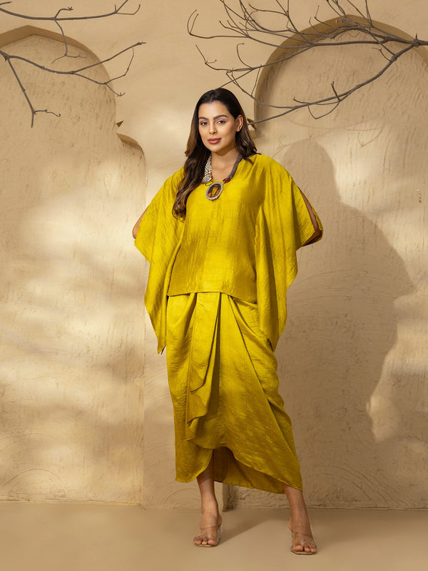 Kaftan with Dhoti Skirt in Olive Silk