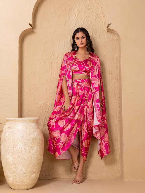 Crop Top with Draped Skirt And Cape in Pink floral Print