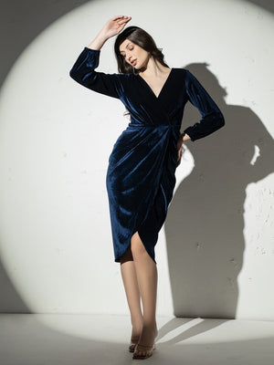 Overlap neck Tulip midi Dress in Navy Blue