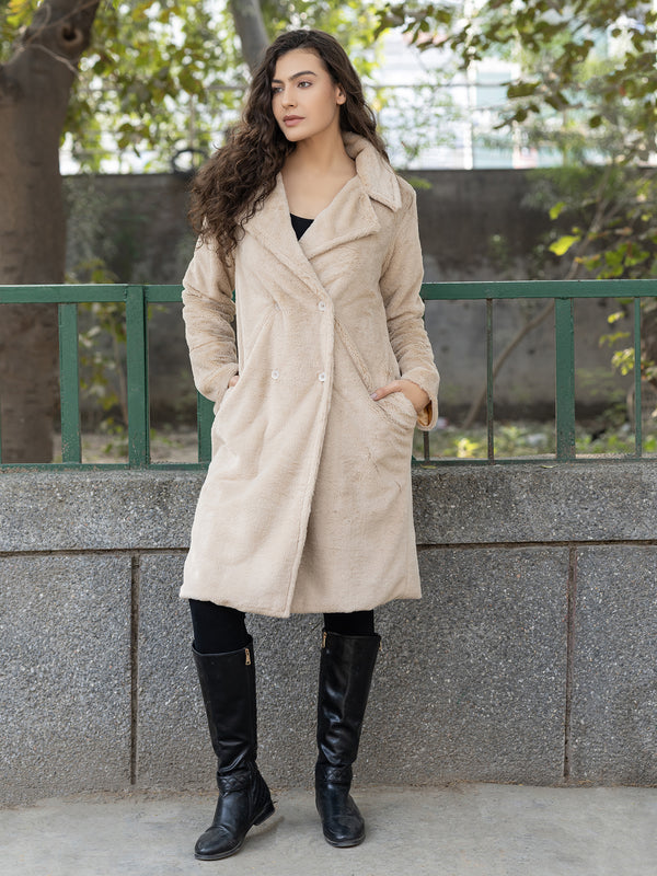 Long Fur Coat with notch collar in Beige