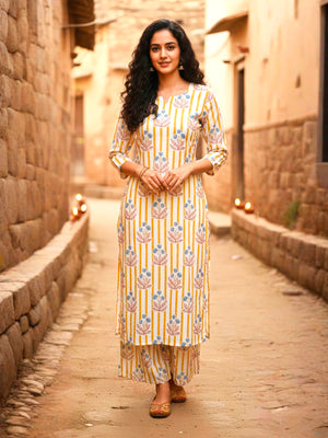 Straight kurta with Palazzo in stripes with floral block print