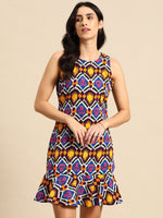 Shift Dress with flare at the hem in Multi Color Ikkat Print
