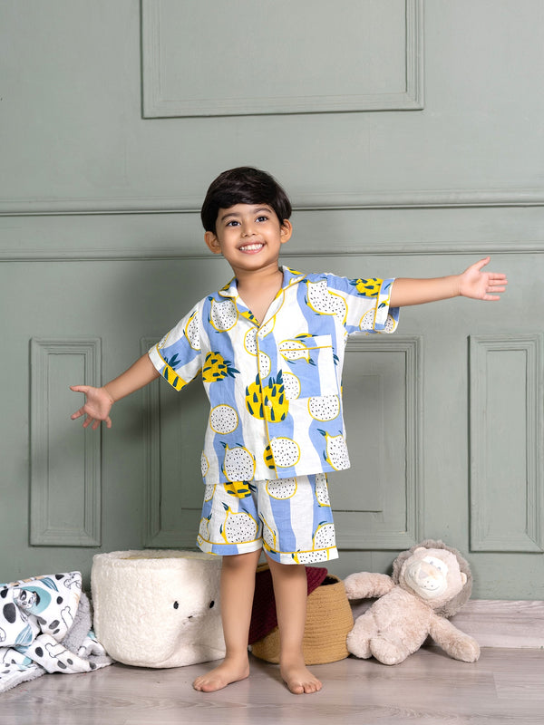 Kids Unisex Nightsuit Shorts & Shirt in Yellow Dragon Fruit  Print