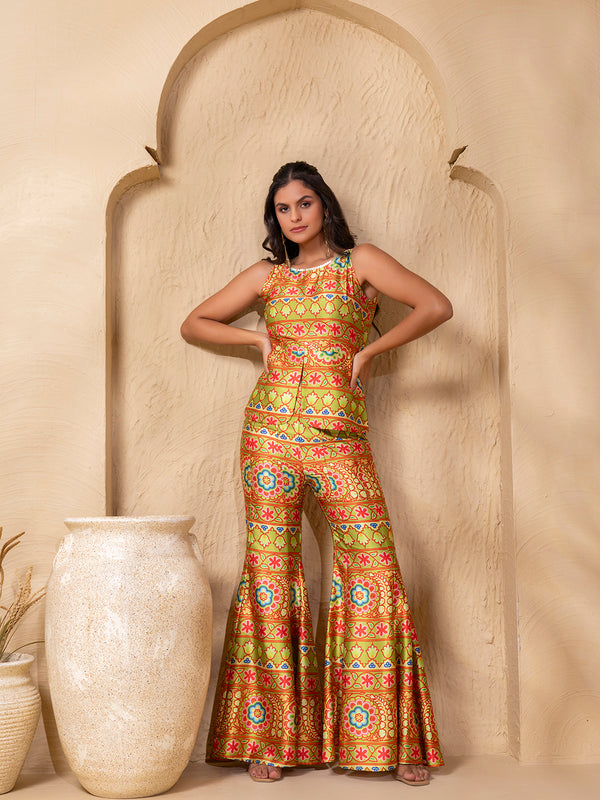 Peplum Sleeveless top with Kalidar Pants in Border Green Gujrati Print