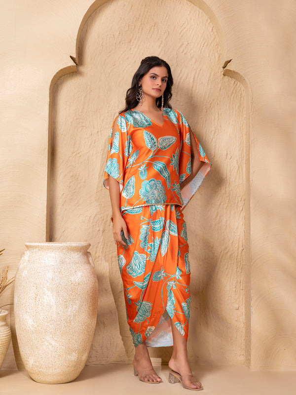 Kaftan Top with Dhoti Skirt in Orange Floral Print