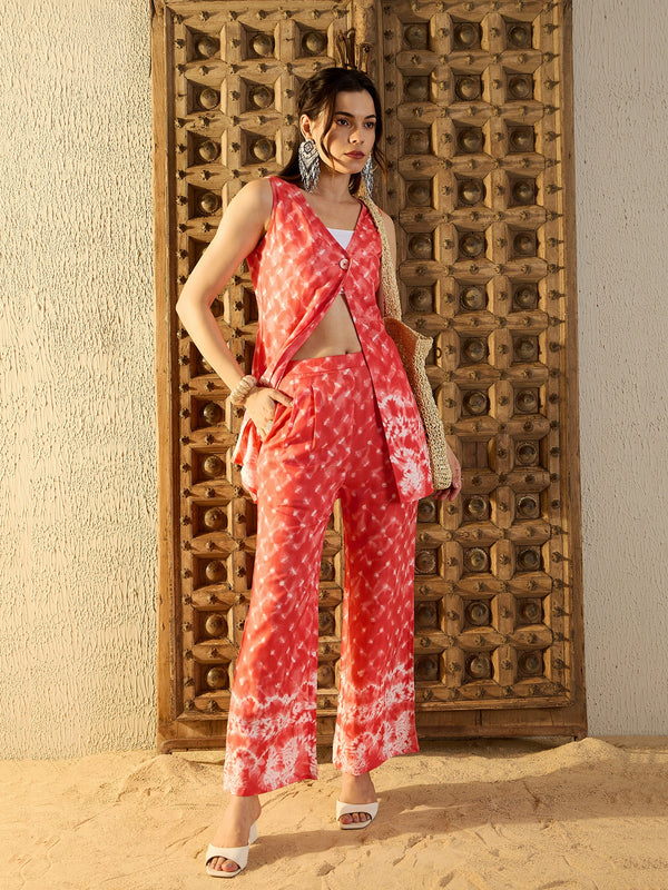 One button front open Top with Pants in Peach Tie & Dye