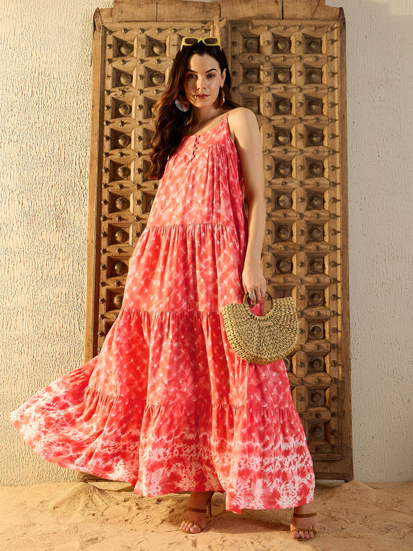 Strappy Layered Maxi Dress in Peach Tie & Dye