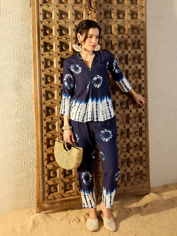 Box Pleat top with Pants Co-Ord Set in Blue Tie & Dye