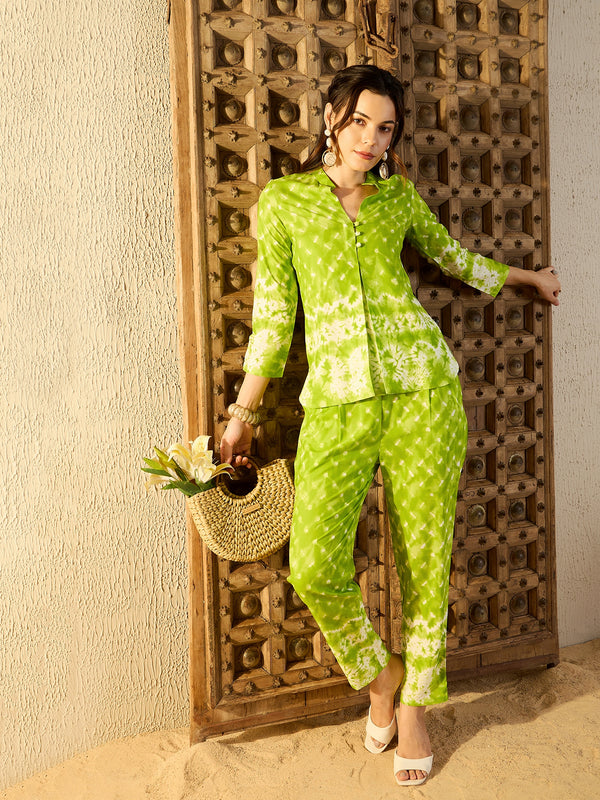 Box Pleat top with Pants Co-Ord Set in Lime Green Tie & Dye
