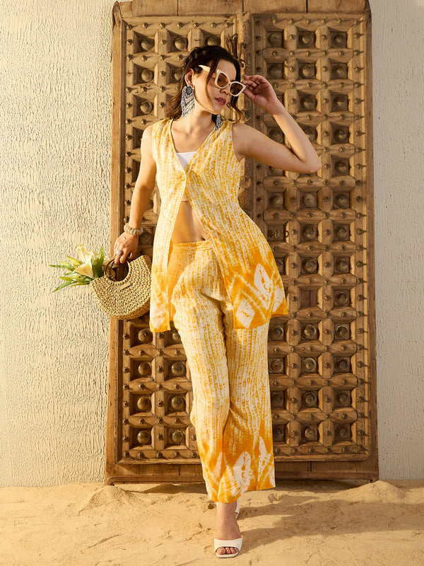 One button front open Top with Pants in Yellow Tie & Dye