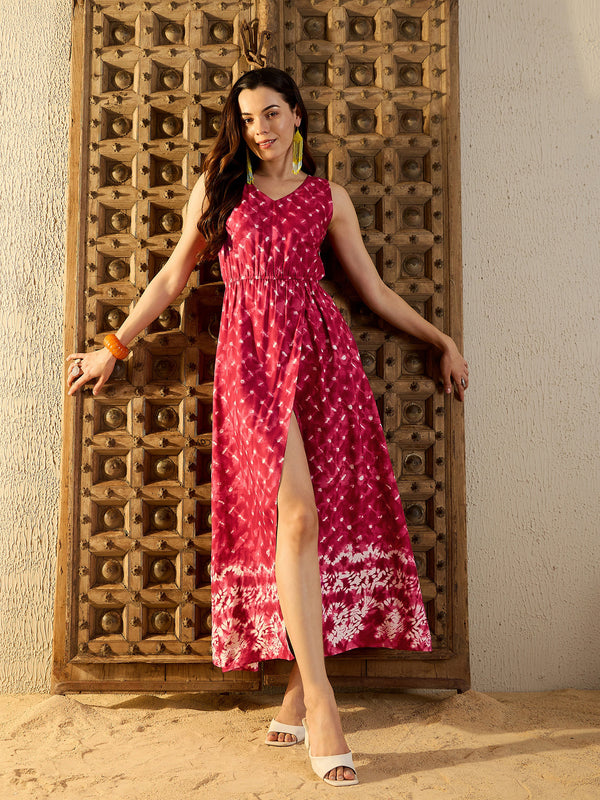 Overlap Front open Maxi Dress  in Maroon Tie & Dye