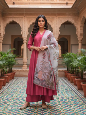 Flare suit with Palazzo and Dupatta in Dull Pink