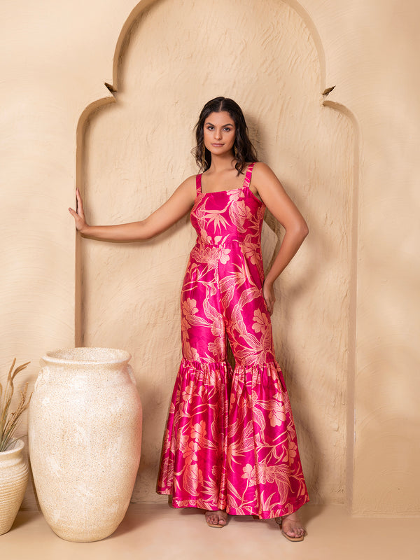 Bell bottom Flare Jumpsuit in Pink floral Print