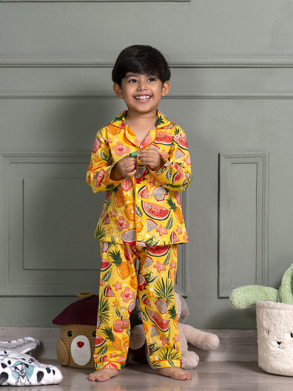Kids Unisex Nightsuit Pyajamas & Shirt in Yellow Mix Fruit  Print