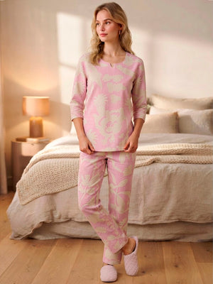 Kurta pyjama Nightsuit set in Big Pink Two color floral print