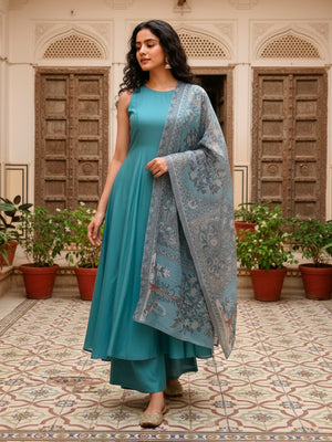 Sleeveless A line suit with Palazzo and Dupatta in Sea Green