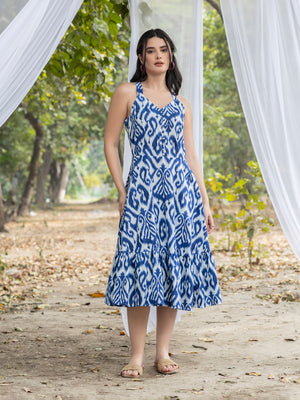 Strappy Layered Midi Dress with IKKAT  print in BLUE
