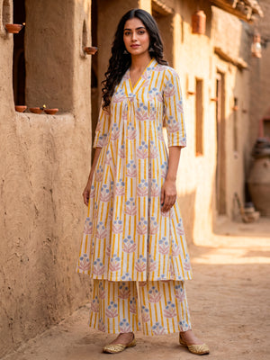 Flared Kurta with Palazzo in stripes with floral block print