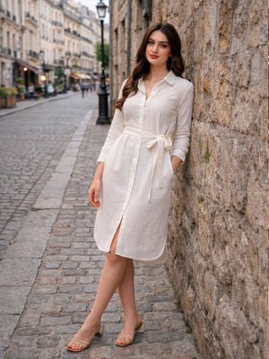 Pure Cotton Straight Midi Shirt Dress in Off White