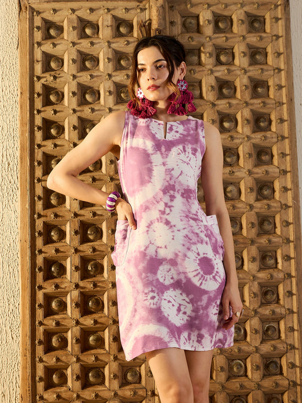 Kurta Neck Mini Dress with Side Pockets in Lavender Tie & Dye