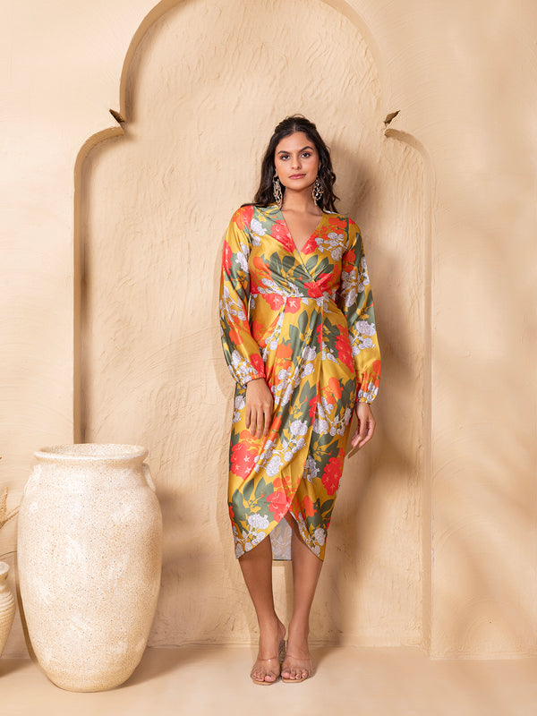 Overlap neck Tulip midi Dress in Lime Green and pink Floral Print