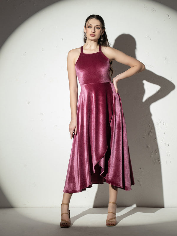 Backless overlap Asymmetric Midi Dress in Pink