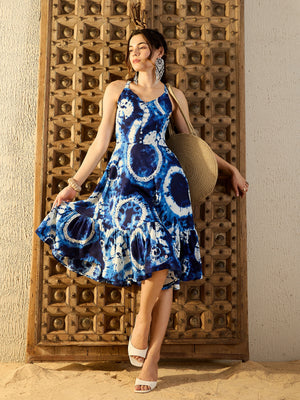Strappy Layered Midi Dress in Blue Tie & Dye